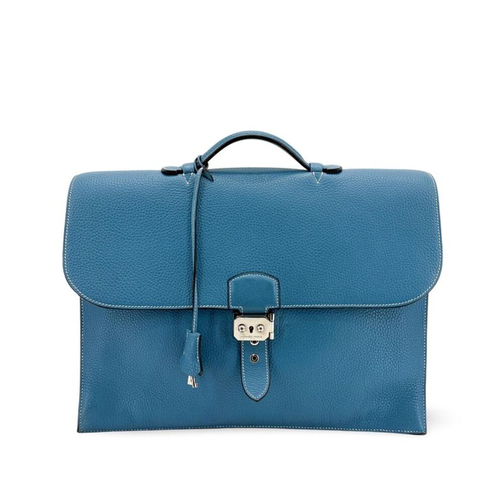 Hermes Sac A Depeches Togo Blue Leather Handbag